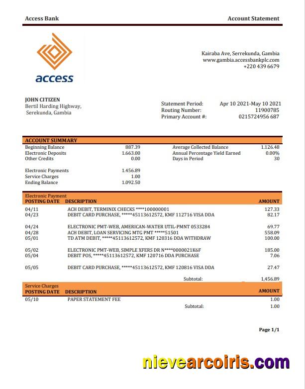 Gambia Access bank statement, Word and PDF format